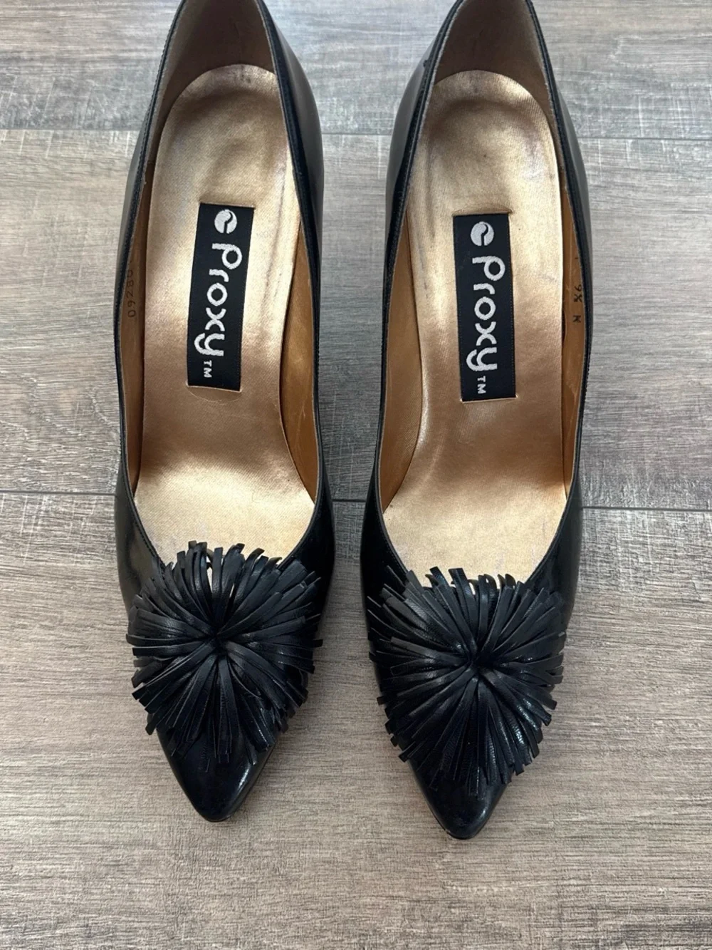 Vintage Proxy Black Leather Fringe Pom Pom Heels 9.5